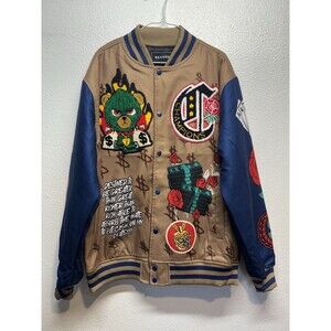 Reason Paper Chaser Chenille Bomber Jacket Mens X-Large Khaki Patched Varsity